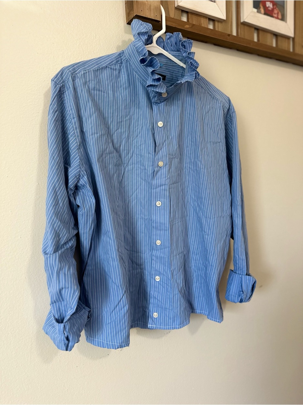 Van Heusen Light Blue Pinstripe Ruffle-Neck Button-Down Shirt